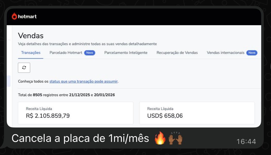 R$2.105.859 receita líquida na Hotmart — cancela placa de 1mi/mês